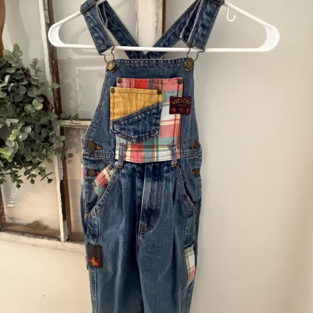 Vintage Girls Size 6 Patchwork Overalls Denim Jumper Cotton Pockets